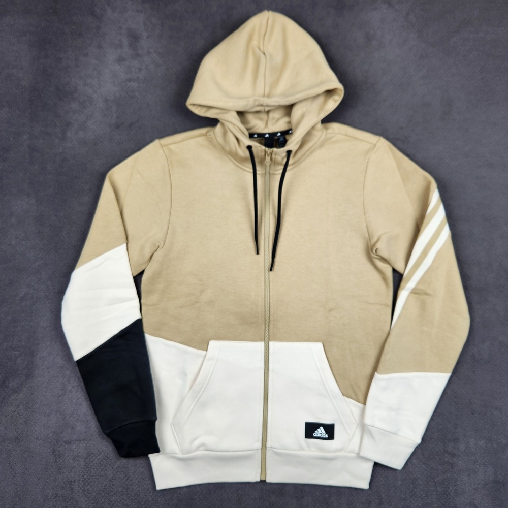 Adidas Colorblock Hoodie Mens Small Beige Tone Full Zip Sweatshirt H39774 NEW